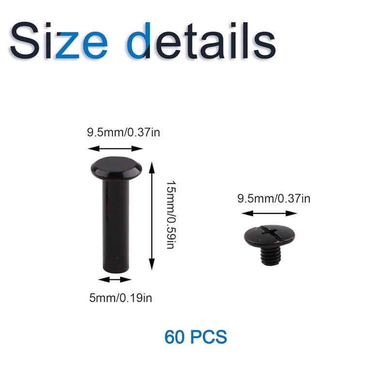 INCREWAY Phillips Screws, 60 Sets 5mm X 15mm Nickel Plated Chicago Binding Screws Round Cross Head Stud Screw, Black - Image 2